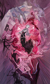 1boy 6+others absurdres angel angel_and_devil angel_wings arched_back barefoot bird_brooch black_hair black_robe borrowed_character chalice claws colored_skin commentary commission cup demon demon_wings dress empty_eyes english_commentary extra_arms final_fantasy final_fantasy_xiv floating_hair frilled_shirt_collar frilled_sleeves frills full_body gem giant_hand grey_eyes hair_between_eyes half-closed_eyes head_wings heart-shaped_gem heart_(organ) heterochromia highres holding_heart_(organ) hyur kirbyb long_hair long_sleeves looking_at_viewer male_focus monster multicolored_hair multiple_others murrtecys_ansuz neck_ruff original out_of_frame pale_skin parted_lips pink_background red_gemstone robe shirt short_hair solo_focus stabbed_heart string_around_finger string_around_neck sunburst two-tone_hair warrior_of_light_(ff14) white_dress white_hair white_shirt white_skin wings yellow_eyes