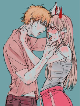 1boy 1girl blonde_hair blush camisole chainsaw_man demon_girl demon_horns denji_(chainsaw_man) grabbing_another&#039;s_horns grey_camisole hetero highres horns long_hair meguzm open_mouth pink_shirt pink_shorts power_(chainsaw_man) red_horns shirt short_hair shorts sweat tongue tongue_out