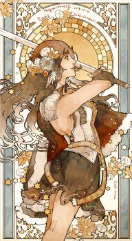 1girl art_nouveau axis_powers_hetalia brown_hair cropped_legs from_side highres holding holding_sword holding_weapon hungary_(hetalia) long_hair looking_to_the_side sleeveless solo sosei sword unsheathed weapon