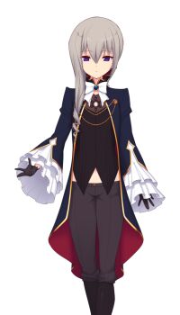 1girl black_gloves boots game_cg general_cocytus gloves grey_hair kourin_tenshi_en_ciel_rena large_variant_set long_hair looking_at_viewer non-web_source official_art pants purple_eyes saitou_natsuki smile solo suhamaya transparent_background variant_set