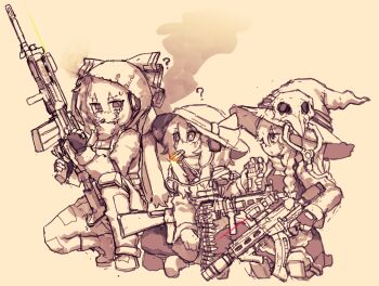 Rule 34 | 3girls, ?, alternate costume, ammunition, apron, braid, cigarette, commentary, eyeball, fingerless gloves, fujiwara no mokou, gloves, gun, hat, hat ribbon, highres, holding, holding gun, holding weapon, kirisame marisa, komeiji koishi, korean commentary, long hair, long sleeves, monochrome, multiple girls, ofuda, ofuda on clothes, pants, rampa93, ribbon, rifle, scope, side braid, single braid, sitting, skirt, smoking, sweatdrop, third eye, touhou, waist apron, weapon, witch hat, yellow theme
