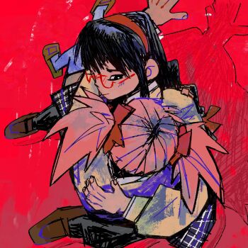 Rule 34 | 2girls, akemi homura, arm around neck, black eyes, black hair, black pantyhose, black skirt, bow, braid, brown shoes, chinese commentary, closed mouth, commentary request, fingernails, full body, glasses, hair bow, hairband, hand on another's back, hand on wall, highres, hug, kaname madoka, layered sleeves, light blush, long hair, long sleeves, low twin braids, lying on lap, mahou shoujo madoka magica, mahou shoujo madoka magica (anime), miniskirt, mitakihara school uniform, multiple girls, nervous, pantyhose, pink hair, plaid clothes, plaid skirt, pointy nose, puffy long sleeves, puffy sleeves, raised inner eyebrows, red-framed eyewear, red background, red bow, red hairband, school uniform, shadow, shirt, shoes, short hair, short twintails, simple background, sitting, skirt, thick eyebrows, thighhighs, twin braids, twintails, uwabaki, very long hair, white thighhighs, xinzangjian, yellow shirt, yuri, zettai ryouiki