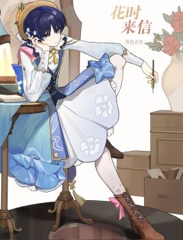 1boy arm_on_knee ayaka_(genshin_impact) black_hair blue_bow blunt_ends book book_stack boots bow bright_pupils brown_boots chair closed_mouth cosplay crossdressing crossdressing_(mtf) desk_lamp drawer dress elbow_on_table elbow_rest floral_print floral_print_dress flower footwear_bow genshin_impact hair_flower hair_ornament hand_on_own_face hat head_rest highres holding holding_pen kamisato_ayaka kamisato_ayaka_(springbloom_missive) kamisato_ayaka_(springbloom_missive)_(cosplay) knee_up lace-up_boots lamp lapels layered_dress long_sleeves looking_at_viewer male_focus miemiebei mirror open_drawer pantyhose parted_bangs pen pink_bow plant potted_plant print_dress purple_eyes red_flower scaramouche_(genshin_impact) sitting solo straw_hat table tablecloth tassel tsurime twitter_username unamused vase white_dress white_flower white_pantyhose white_pupils white_sleeves