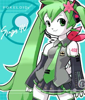 1girl :3 black_boots black_skirt blue_background boots breasts cosplay crossover detached_sleeves flower furry g-sun gen_4_pokemon green_eyes green_hair green_nails green_necktie grey_shirt hair_flower hair_ornament hatsune_miku hatsune_miku_(cosplay) headset legendary_pokemon long_hair long_sleeves looking_at_viewer mythical_pokemon nail_polish necktie nintendo pink_flower poke_ball_print poke_ball_symbol pokemon pokemon_(creature) print_shirt scarf shaymin shaymin_(sky) shirt shoulder_tattoo skirt sleeveless sleeveless_shirt sleeves_past_wrists small_breasts smile standing tail tattoo thigh_boots tie_clip twintails vocaloid white_fur