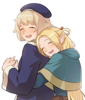 :d beret blonde_hair blue_capelet blue_coat blue_hat blush braid capelet closed_eyes coat dungeon_meshi elf falin_touden happy hashtag-only_commentary hat highres hug hug_from_behind long_hair marcille_donato mayo_(mayo88meshi) open_mouth pointy_ears short_hair simple_background smile teeth upper_body upper_teeth_only white_background yuri