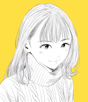 1girl commentary_request greyscale_with_colored_background highres lee_(dragon_garou) light_blush lips long_hair mixed_media original portrait ribbon sideburns smile solo sweater turtleneck turtleneck_sweater yellow_background