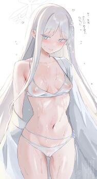 1girl bikini bishooji blue_archive breasts cameltoe commentary_request covered_erect_nipples grey_eyes grey_hair hair_ornament halo haori highres japanese_clothes long_hair looking_at_viewer lotion nagusa_(blue_archive) nagusa_(swimsuit)_(blue_archive) navel nipples off_shoulder official_alternate_costume oiled see-through_bikini see-through_clothes single_bare_shoulder small_breasts smile snowflake_hair_ornament solo swimsuit translation_request very_long_hair wet white_background white_bikini white_halo white_haori