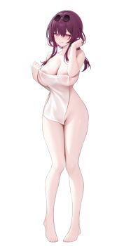 1girl areola_slip blush breasts closed_mouth commentary_request eyewear_on_head full_body glasses hand_up honkai:_star_rail honkai_(series) kafka_(honkai:_star_rail) large_breasts looking_at_viewer medium_hair miko_(royal_milk) nude pince-nez purple_eyes purple_hair simple_background smile standing thighs towel white_background