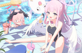 <|>_<|> 2girls :d absurdres alternate_hairstyle angel_wings bad_id bad_pixiv_id bare_legs bare_shoulders black_one-piece_swimsuit black_wings blue_archive blurry blush braid breasts collarbone competition_swimsuit crescent_moon cup depth_of_field dot_nose feathered_wings goggles goggles_on_head gradient_halo halo head_wings highres kaerunrun koharu_(blue_archive) light_blush long_hair looking_at_viewer low_wings medium_breasts mika_(blue_archive) moon multicolored_halo multicolored_swimsuit multiple_girls one-piece_swimsuit open_mouth peroro_(blue_archive) pink_hair plant ponytail pool pool_ladder poolside purple_halo red_halo school_swimsuit sidelocks sitting smile snail_print sparkle spread_legs stuffed_animal stuffed_toy swim_goggles swimsuit trinity_general_school_swimsuit twin_braids twintails unworn_goggles very_long_hair water wet wings yellow_eyes