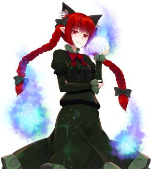 Rule 34 | 1girl, animal ear fluff, animal ears, bow, braid, cat ears, cat tail, commentary request, cowboy shot, crote, extra ears, hair bow, hair ornament, highres, hitodama, holding, holding skull, juliet sleeves, kaenbyou rin, large variant set, long hair, long sleeves, looking at viewer, multiple tails, pointy ears, puffy sleeves, red eyes, red hair, rock, shirt, simple background, skirt, skirt set, skull, smile, solo, tail, teeth, touhou, transparent background, twin braids, variant set