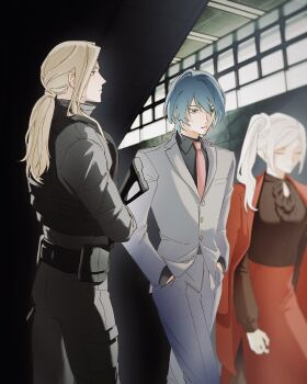 1girl 2boys alternate_costume black_gloves black_shirt blonde_hair blue_eyes blue_hair breasts collared_shirt contemporary edelgard_von_hresvelg fire_emblem fire_emblem:_three_houses gloves grey_jacket grey_pants gun hands_in_pockets highres holding holding_gun holding_weapon jacket jeritza_von_hrym long_hair low_ponytail male_byleth_(fire_emblem) multiple_boys necktie nintendo pants ponytail pouch red_jacket red_necktie red_skirt rentonotnerd shirt skirt small_breasts walking weapon white_hair