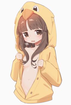 1girl blush brown_hair flat_chest hoodie indie_virtual_youtuber loli neppie_nep notkuriimu solo undressing white_background yellow_hoodie