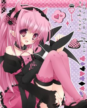 1girl 2000s_(style) alice_(frilldevil) bags_under_eyes black_choker blush choker demon_girl demon_horns demon_tail dress faux_retro_artstyle flat_chest highres horns juliet_sleeves long_hair long_sleeves open_mouth original pink_dress pink_eyes pink_hair pink_thighhighs pointy_ears polka_dot polka_dot_background puffy_sleeves sitting solo stuffed_animal stuffed_rabbit stuffed_toy tail thighhighs trixie_(frilldevil)