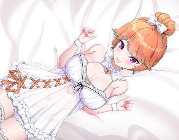 1girl :d babydoll bed_sheet bow breasts cleavage clothing_cutout commentary english_commentary frilled_shorts frills gradient_hair green_hair hair_bow hair_bun hair_flaps heart_cutout hololive hololive_english large_breasts looking_at_viewer lying multicolored_hair navel official_alternate_costume official_alternate_hairstyle on_back open_mouth orange_hair orihimestudio paid_reward_available purple_eyes see-through_babydoll see-through_clothes short_hair shorts single_hair_bun smile solo swept_bangs takanashi_kiara takanashi_kiara_(cozy) virtual_youtuber white_babydoll white_shorts