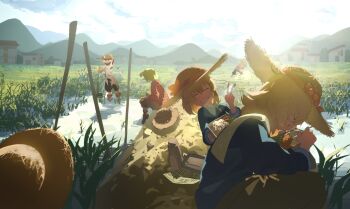 Rule 34 | 6+girls, absurdres, aki minoriko, aki shizuha, alternate costume, alternate headwear, animal ears, black pants, blonde hair, blue shirt, boots, brown boots, brown hat, brown pants, bunbunmaru, character request, closed eyes, commentary request, day, ears through headwear, eating, facing viewer, farming, grape hat ornament, green hair, grey hair, grin, hat, hat ornament, hay, highres, inubashiri momiji, kazami yuuka, kinoko (kino2435006), leaf hat ornament, multiple girls, newspaper, outdoors, pants, pink hair, plaid clothes, plaid shirt, red boots, red shirt, rice, shirt, siblings, sisters, sitting, smile, straw hat, tail, touhou, translation request, unworn headwear, v, wading, water, wolf ears, wolf girl, wolf tail