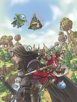 3boys armor artist_request asymmetrical_dual_wielding black_cape boots breastplate brown_boots brown_eyes brown_hair cape chainmail dragon_quest dragon_quest_x dual_wielding father_and_son floating_clothes floating_hair green_cape hero_(dq10) highres holding holding_shield holding_sword holding_weapon kyururu_(dq10) long_hair male_focus multiple_boys official_alternate_costume official_art open_mouth padre_(dq10) parent_and_child profile red_surcoat she-slime shield short_hair slime_(dragon_quest) surcoat sword third-party_source water waterfall weapon