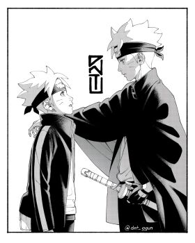 Rule 34 | 2boys, boruto: naruto next generations, boruto: two blue vortex, cloak, commentary, dnt agun, dual persona, english commentary, facial mark, fingerless gloves, forehead protector, frown, gloves, greyscale, headband, highres, jacket, male focus, monochrome, multiple boys, naruto (series), pouch, sheath, sheathed, signature, single fingerless glove, sword, twitter username, uzumaki boruto, weapon, whisker markings