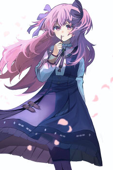 Rule 34 | 1girl, arm at side, belt buckle, black bow, black dress, black pantyhose, black ribbon, bow, brooch, buckle, closed mouth, commentary, crossed bangs, dress, falling petals, feet out of frame, frills, gem, green gemstone, highres, holding, holding key, jakko chan, jewelry, key, long hair, long sleeves, looking at viewer, momoi airi, momoiro no kagi (vocaloid), official alternate costume, pantyhose, petals, pink eyes, pink hair, project sekai, puffy long sleeves, puffy sleeves, purple bow, re-tie friendship (project sekai), ribbon, shirt, sidelocks, simple background, solo, two side up, vertical-striped ribbon, white background, white shirt, wind