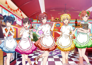 5girls apron arisugawa_natsuha bag blonde_hair blue_hair brown_hair burger ceiling_fan checkered_floor cherry collared_shirt double_bun drink drinking_straw flag food french_fries fruit hair_bun hand_on_own_hip holding houkago_climax_girls_(idolmaster) ice_cream idolmaster idolmaster_shiny_colors japanese_text komiya_kaho licking_lips morino_rinze multiple_girls official_art one_eye_closed open_mouth orange_hair red_eyes red_hair roller_skates saijo_juri shirt skates skirt sonoda_chiyoko striped_clothes sundae tongue tongue_out tray waitress