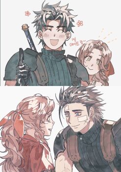 1boy 1girl absurdres aerith_gainsborough armor bandaid bandaid_on_cheek bandaid_on_face bandaid_on_forehead black_hair blue_eyes blue_sweater blush brown_hair closed_eyes couple crisis_core_final_fantasy_vii facial_scar final_fantasy final_fantasy_vii final_fantasy_vii_remake flower green_eyes grey_background hair_ribbon high_ponytail highres index_finger_raised jacket long_hair looking_at_another nul open_mouth parted_bangs parted_lips pink_ribbon ponytail red_jacket ribbed_sweater ribbon scar scar_on_cheek scar_on_face short_hair shoulder_armor simple_background sleeveless sleeveless_turtleneck smile spiked_hair suspenders sweater sword sword_on_back turtleneck turtleneck_sweater upper_body weapon weapon_on_back zack_fair