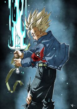 1boy aura blonde_hair blood blood_on_face dragon_ball dragon_ball_super energy green_eyes highres kakeru_(dbskakeru) scratches serious solo spiked_hair super_saiyan_rage sword sword_of_hope torn_clothes trunks_(dragon_ball) trunks_(future)_(dragon_ball) weapon