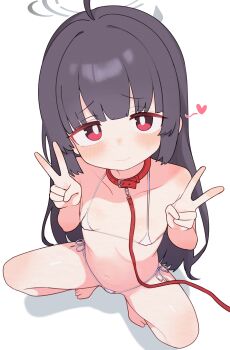 1girl absurdres ahoge animal_collar barefoot bikini black_hair blue_archive blush breasts bright_pupils closed_mouth collar collarbone double_v feet furrowed_brow grey_halo halo halterneck heart highres leash lk149 loli long_hair looking_at_viewer micro_bikini miyu_(blue_archive) navel red_collar red_eyes shadow side-tie_bikini_bottom simple_background small_breasts smile solo spread_legs squatting stomach string_bikini sweatdrop swimsuit toes v very_long_hair white_background white_bikini white_pupils