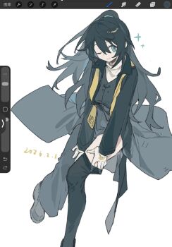 Rule 34 | 1boy, aqua eyes, art program in frame, black coat, black hair, black shoes, chinese commentary, closed mouth, coat, commentary request, dated, dieci association south uniform, half updo, highres, hong lu (project moon), limbus company, long hair, long sleeves, looking at viewer, one eye closed, project moon, removing pantyhose, satelinknot, shoes, simple background, smile, solo, stole, very long hair, white background