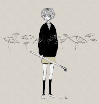 Rule 34 | .flow, absurdres, black hoodie, black socks, blood, closed mouth, commentary, eleanor (ohmyeleanor), english commentary, expressionless, grey background, highres, holding, holding lead pipe, holding weapon, hood, hood down, hoodie, lead pipe, looking to the side, messy hair, partially colored, redrawn, sabitsuki, shirt, short hair, skirt, socks, solo, standing, weapon, white footwear, white hair, white shirt, yellow eyes, yellow skirt