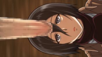 1girl affair bad_tag betrayal black_eyes black_hair ceiling censored cheating_(relationship) closed_mouth disgrace disgust erection expressionless eyelashes facing_viewer from_below hair_between_eyes incest indoors infidelity jacket jean_kirstein lips looking_at_viewer matching_hair/eyes mikasa_ackerman mosaic_censoring netorare netorase out_of_character paradis_military_uniform penis red_lips red_scarf scarf shingeki_no_kyojin short_hair solo_focus takapiko trash unfaithful upper_body