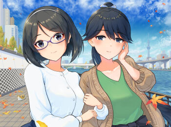 2girls autumn black_hair breasts cityscape day glasses green_shirt hair_ribbon hairband houshou_(kancolle) isasin929 kantai_collection kirishima_(kancolle) long_hair long_sleeves medium_breasts multiple_girls outdoors ponytail purple-framed_eyewear purple_eyes ribbon shirt short_hair smile tokyo_skytree very_long_hair white_hairband white_ribbon white_shirt