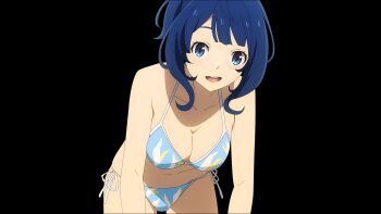 1girl alternate_hairstyle bikini blue_bikini blue_eyes blue_hair blush breasts cleavage highres large_breasts leaning_forward legs looking_at_viewer make_heroine_ga_oo_sugiru! medium_hair navel official_style open_mouth ponytail side-tie_bikini_bottom smile solo swimsuit teeth thighs yanami_anna