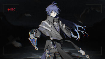 1boy antenna_hair arm_up belt black_belt black_capelet black_coat black_gloves blue_hair capelet chinese_commentary coat commentary_request crossed_bangs double-parted_bangs flins_(genshin_impact) genshin_impact gloves gradient_hair grey_pants highres holding holding_lantern lantern long_sleeves male_focus multicolored_hair night night_sky outdoors pants sky solo standing thigh_belt thigh_strap viewfinder white_hair wing_collar yiyiyiyi670