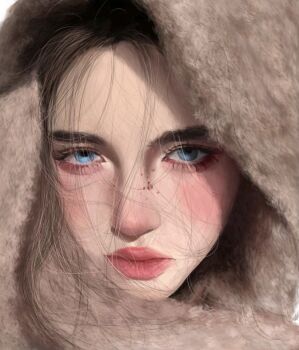 Rule 34 | 1girl, aegyo sal, blue eyes, blush, brown hair, brown hood, closed mouth, commentary, english commentary, eyelashes, forehead, fur hood, hood, hood up, lips, looking at viewer, nose, original, painterly, photorealistic, pink lips, portrait, rava miyagi, realistic, solo, straight-on, thick eyebrows