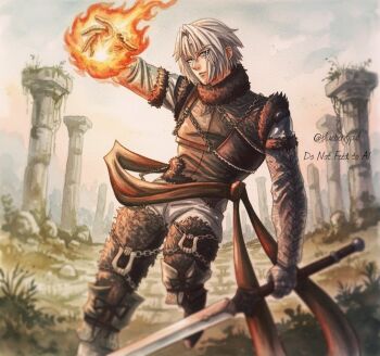 Rule 34 | 1boy, black jacket, boots, closed mouth, column, cosplay, final fantasy, final fantasy vii, final fantasy vii: ever crisis, flaming hand, foot out of frame, fur-trimmed jacket, fur-trimmed sleeves, fur boots, fur trim, grey hair, hair between eyes, holding, holding sword, holding weapon, jacket, male focus, monsterbf1ilove, nier (brother), nier (brother) (cosplay), official alternate costume, pants, pillar, sephiroth, sephiroth (ever crisis), short hair, solo, sword, twintails, weapon, white pants