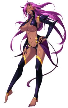 1girl areola_slip armor barefoot black_sclera blush breasts bridal_gauntlets colored_sclera cross-laced_clothes dark-skinned_female dark_skin demon_girl earrings full_body game_cg garter_straps gloves hair_over_one_eye hand_on_own_hip highres horns huge_breasts jewelry large_variant_set lips lipstick long_hair looking_at_viewer makeup nail_polish nana_g navel non-web_source official_art open_mouth pointy_ears purple_hair purple_lips purple_nails revealing_clothes sailor_element shiny_skin solo tail thighhighs toeless_legwear toenail_polish toenails transparent_background underboob variant_set very_long_hair yellow_eyes yoyami_rei