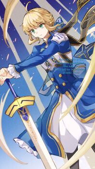 Rule 34 | 1girl, ahoge, armor, artoria pendragon (fate), back bow, black cape, black pantyhose, blonde hair, blue background, blue bow, blue bowtie, blue dress, bow, bowtie, braid, breasts, buttons, cape, cleavage cutout, closed mouth, clothing cutout, commentary request, cowboy shot, daachan, dress, excalibur (fate/stay night), fate/stay night, fate/unlimited blade works, fate (series), floating clothes, floating hair, frills, gradient background, green eyes, hair between eyes, hair bow, hair bun, hands up, highres, holding, holding sword, holding weapon, honkai: star rail, honkai (series), huge ahoge, juliet sleeves, long sleeves, looking to the side, mandarin collar, medium breasts, pantyhose, puffy sleeves, saber (fate), saber (honkai: star rail) (fate), short hair, shoulder armor, sidelocks, simple background, solo, standing, sword, two-tone dress, v-shaped eyebrows, watermark, weapon, white dress