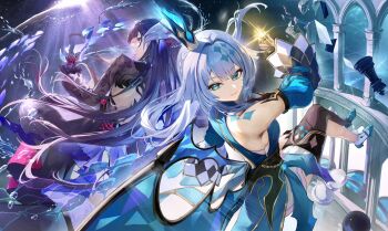 2girls aqua_eyes armpit_crease black_dress black_hair black_shrug blue_dress blue_shoes cerydra_(honkai:_star_rail) chess_piece closed_mouth commentary_request crossed_legs crown detached_sleeves dress fish grey_hair head_ornament highres holding holding_chess_piece honkai:_star_rail honkai_(series) hysilens_(honkai:_star_rail) king_(chess) long_hair looking_at_viewer mini_crown multiple_girls otabaaa queen_(chess) shoes shrug_(clothing) single_thighhigh sleeveless sleeveless_dress smile thighhighs turning_head wings
