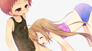 1boy 1girl after_fellatio ahoge aoi_aruma bent_over blue_shorts blush breasts brown_hair censored closed_eyes collarbone cowboy_shot cum cum_in_mouth embarrassed from_side game_cg green_tank_top grey_background hair_between_eyes hair_ornament hairclip half-closed_eyes izuno_shiun_(jissai_no_tokoro) jissai_no_tokoro kodomo_doushi large_variant_set loli long_hair mosaic_censoring open_mouth penis pink_tank_top red_eyes red_hair short_hair shorts shota sidelocks simple_background small_breasts standing tank_top tongue tongue_out twintails v-shaped_eyebrows variant_set very_long_hair very_short_hair