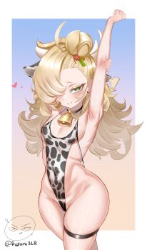 1girl absurdres alternate_costume animal_ears animal_print armpits arms_up bare_hips bell blonde_hair blue_background border breasts brown_background closed_mouth commentary_request covered_navel cow_ears cow_horns cow_print cowbell cowboy_shot earrings fake_animal_ears fake_horns gradient_background green_eyes hair_over_one_eye heart hetani312 highres horns jewelry long_hair looking_at_viewer neck_bell one-piece_swimsuit piper_wheel small_breasts smile solo stretching swimsuit thigh_strap twitter_username two-tone_background white_border zenless_zone_zero