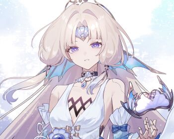 Rule 34 | 1boy, blonde hair, blue bow, bow, breasts, detached collar, detached sleeves, dress, fins, forehead jewel, hair intakes, head fins, honkai (series), joints, long hair, looking at viewer, parted lips, pearl (honkai: star rail), purple eyes, robot girl, robot joints, small breasts, solo, suwa (swk kkk), upper body, white dress