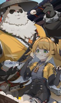 1boy 1girl animal_ears black_fur blonde_hair bowl bracelet cake chinese_clothes chopsticks claws closed_eyes closed_mouth dumpling food furry furry_male hashtag-only_commentary highres holding holding_bowl holding_chopsticks jewelry ju_fufu looking_at_food multicolored_fur pan_yinhu panda_boy panda_ears pawpads round_eyewear shirt spiked_bracelet spikes steamed_bun swiss_roll tail tiger_ears tiger_stripes tiger_tail tongue tongue_out white_fur wok yellow_shirt zenless_zone_zero zhymao