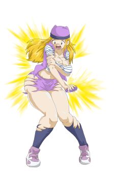 Rule 34 | 1girl, absurdres, ass expansion, aura, blonde hair, breast expansion, breasts, commission, digimon, digimon frontier, digivice, flashing, glowing, hat, highres, long hair, mainkore, mankor, navel, orimoto izumi, skirt, solo, third-party edit, wide hips
