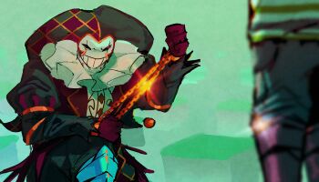 2boys absurdres black_pants blue_boots blurry blurry_foreground boots chain chained chained_wrists clownpierce commentary cosplay cr1mstone dress english_commentary evbo evil_smile glint gloves gold_chain grass_block green_shirt hat highres jester jester_cap jester_costume library_of_ruina looking_at_another minecraft_youtube multiple_boys on_one_knee pants parkour_civilization pose_imitation project_moon puffy_sleeves red_dress red_gloves roland_(project_moon) roland_(project_moon)_(cosplay) scene_reference shirt silver_boots smile white_shirt