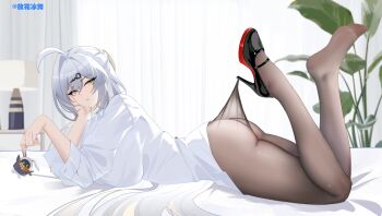 1girl absurdres alternate_costume ass black_pantyhose breasts guhuabingwu highres lace_pantyhose_hooked_on_heel_(meme) large_breasts looking_at_viewer lying meme on_bed on_stomach pantyhose pantyhose_tug shirt shoes single_shoe solo the_pose white_hair white_shirt yellow_eyes yixuan_(zenless_zone_zero) zenless_zone_zero