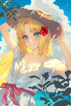 1girl absurdres alternate_costume blonde_hair blue_eyes blue_sky blush cloud commentary_request dress flower grin hair_flower hair_ornament hat highres long_hair looking_at_viewer neosilleosil nintendo ocean outdoors parted_bangs pointy_ears princess_zelda red_flower short_sleeves sky smile solo straw_hat sun_hat the_legend_of_zelda the_legend_of_zelda:_a_link_between_worlds twitter_username water white_dress