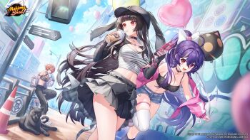 3girls ahoge animal_ears artist_request balloon bare_shoulders baseball_cap belt black_choker black_hair black_hat black_pants black_shirt black_skirt bow breasts camisole choker ciri_(mahjong_soul) cleavage commentary crop_top cup cutoffs day disposable_cup dog down_jacket english_commentary fake_animal_ears floppy_ears hair_bow hat highres jacket kaguyahime_(mahjong_soul) large_breasts layered_skirt long_hair long_sleeves looking_at_viewer mahjong_soul midriff multicolored_hair multiple_girls navel off_shoulder official_art open_mouth orange_hair outdoors pants pink_jacket pleated_skirt ponytail purple_hair rabbit_ears ransei_(mahjong_soul) red_eyes shirt single_thighhigh skindentation skirt sleeveless sleeveless_shirt smile spaghetti_strap stomach streaked_hair striped_clothes striped_shirt thigh_strap thighhighs thighs white_shirt white_thighhighs