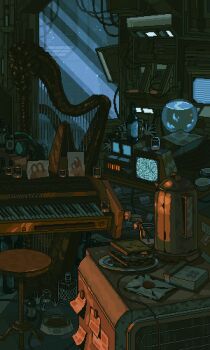 absurdly_detailed_composition animated animated_gif fishbowl harp highres indoors instrument loaded_interior night no_humans original photo_(object) piano pixel_art scenery static sticky_note stool television waneella window