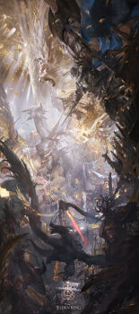 6+boys absurdres ancient_dragon_(elden_ring) armor axe battle battle_axe beard blonde_hair braid braided_beard breath_weapon breathing_fire city claws crown crucible_knight double-sided_axe dragon elden_ring electricity electrokinesis erdtree_(elden_ring) facial_hair fire flying full_armor godfrey_first_elden_lord godwyn_the_golden gransax helm helmet highres holding holding_lightning_bolt holding_sword holding_weapon lion long_beard long_hair multiple_boys ornate plate_armor red_lightning scales serosh_(elden_ring) stu_dts sword tail tree_sentinel weapon western_dragon white_hair wyvern