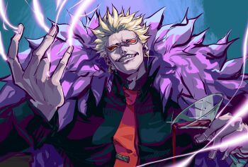 1boy black_shirt blonde_hair cape clenched_teeth commentary_request cup donquixote_doflamingo earrings feather_cape glint highres holding holding_cup jewelry male_focus necktie one_piece pink_cape red_necktie shirt short_hair smile solo string sunglasses teeth yuan_jessie0430