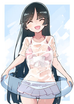 Rule 34 | 1girl, :d, ^ ^, alternate costume, bikini, bikini skirt, black hair, blue background, blunt bangs, closed eyes, collarbone, commentary request, commission, cowboy shot, deetamu, facing viewer, highres, houraisan kaguya, long hair, open mouth, pink bikini, shirt, short sleeves, skeb commission, smile, solo, swimsuit, touhou, transparent innertube, very long hair, wet, wet clothes, wet shirt, white background